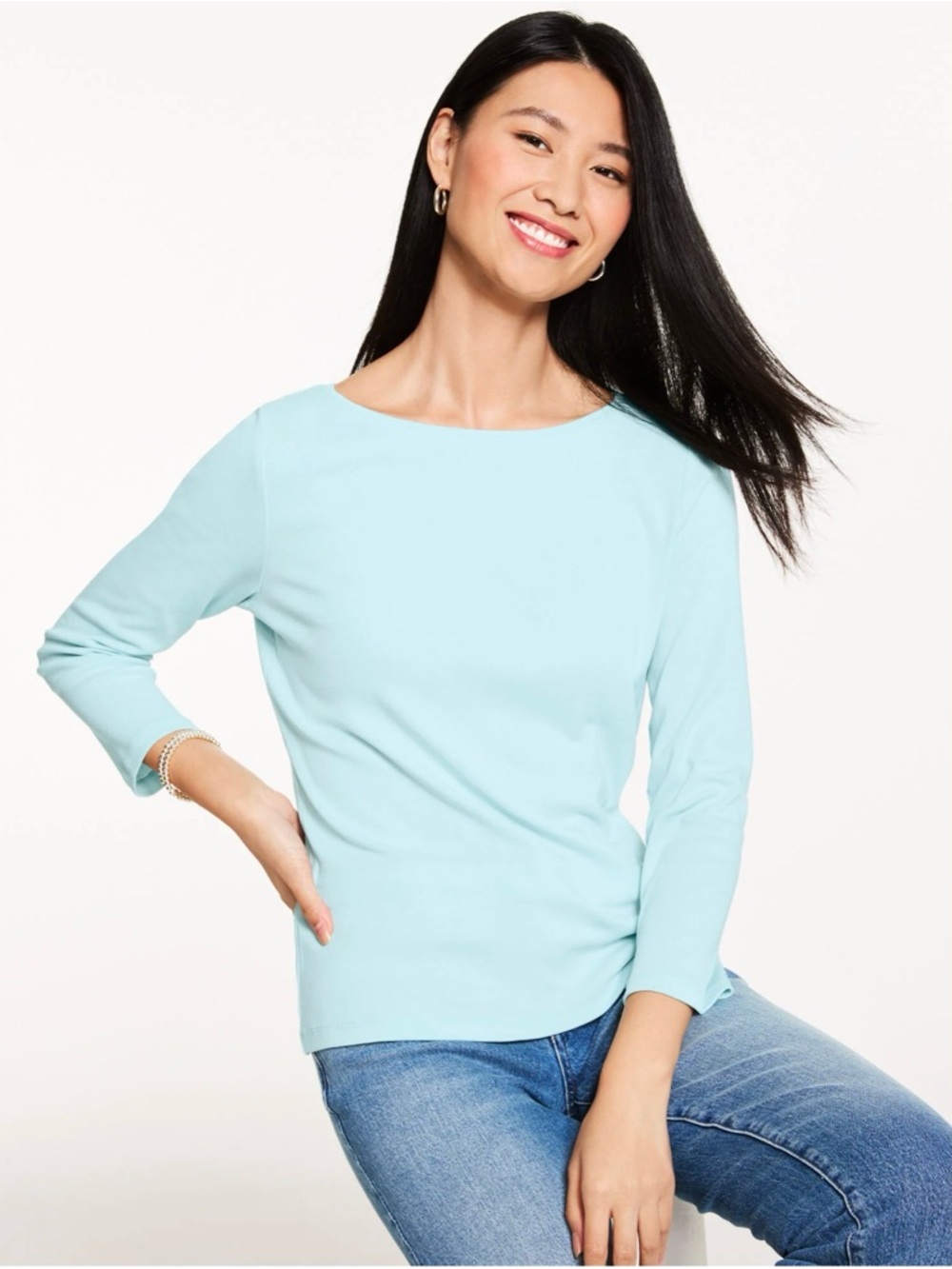 Talbots Tee Top Light Blue Boatneck Bateau 3/4 Sleeve Pima Cotton soft casual XL